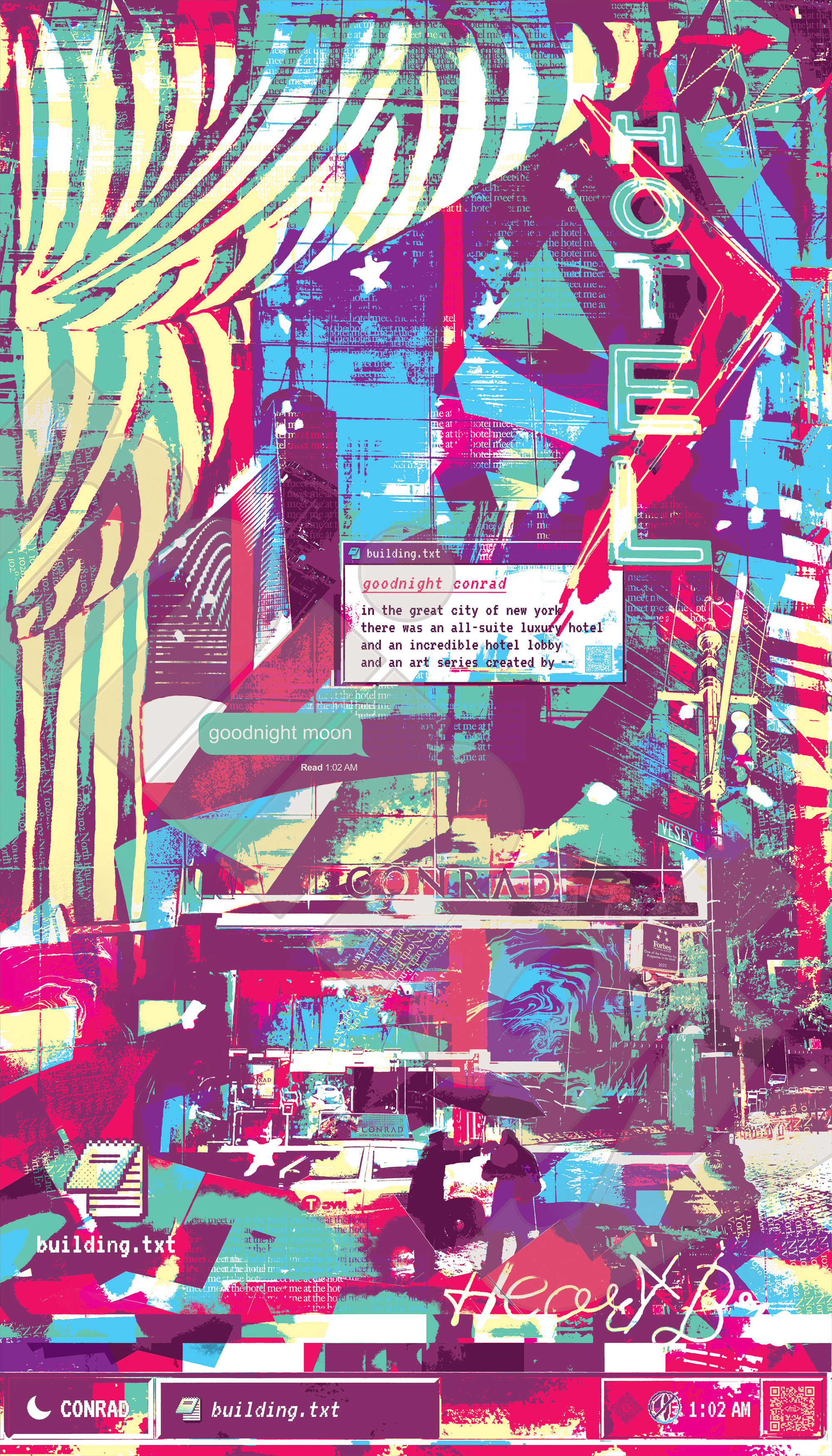 Meet Me At The Hotel Building print - commissioned wall art panel 1 of 3 by New York City artist Mindy Lehmann at the Conrad New York Downtown Hotel lobby