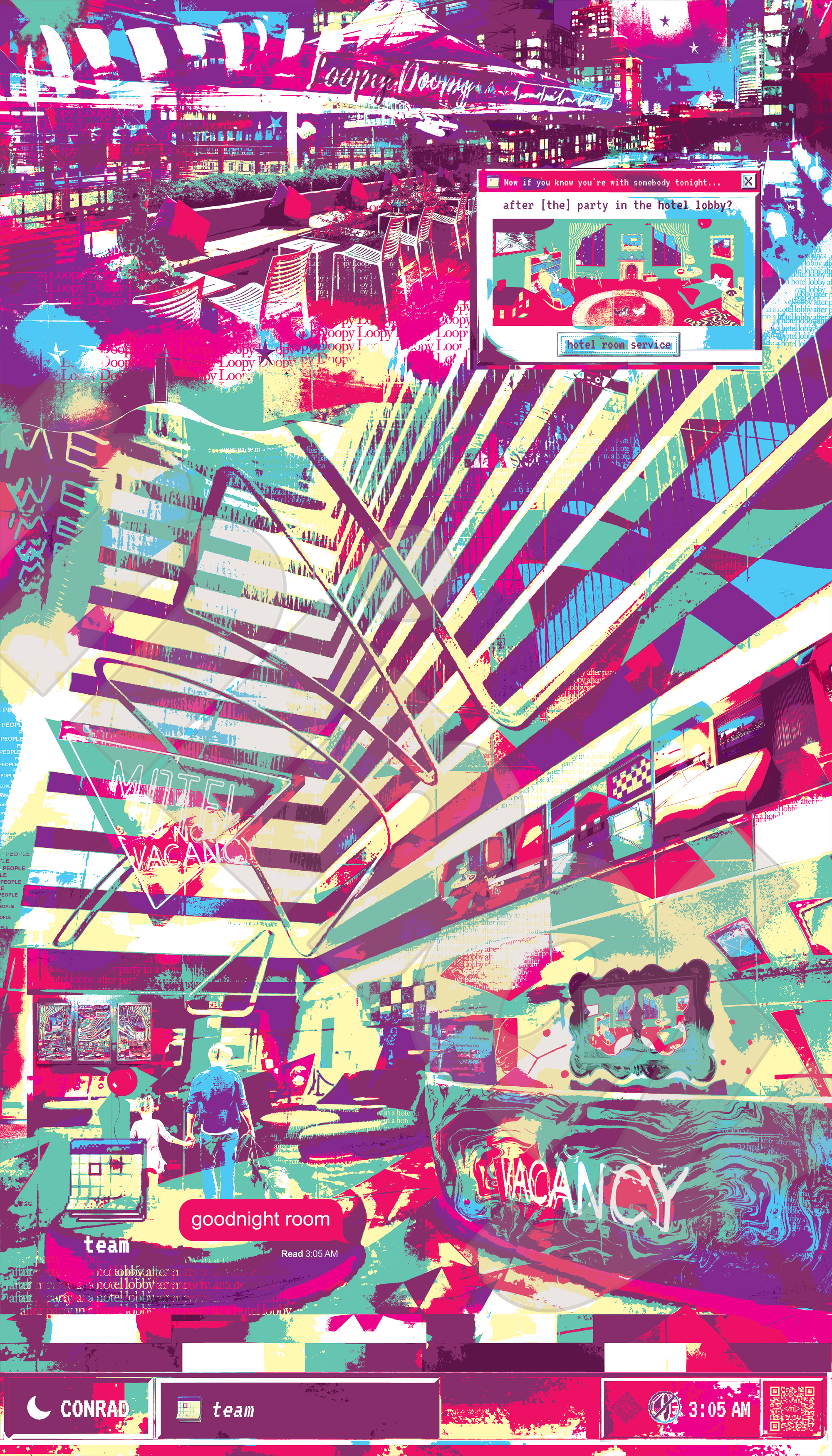 Meet Me At The Hotel Team print - commissioned wall art panel 2 of 3 by New York City artist Mindy Lehmann at the Conrad New York Downtown Hotel lobby