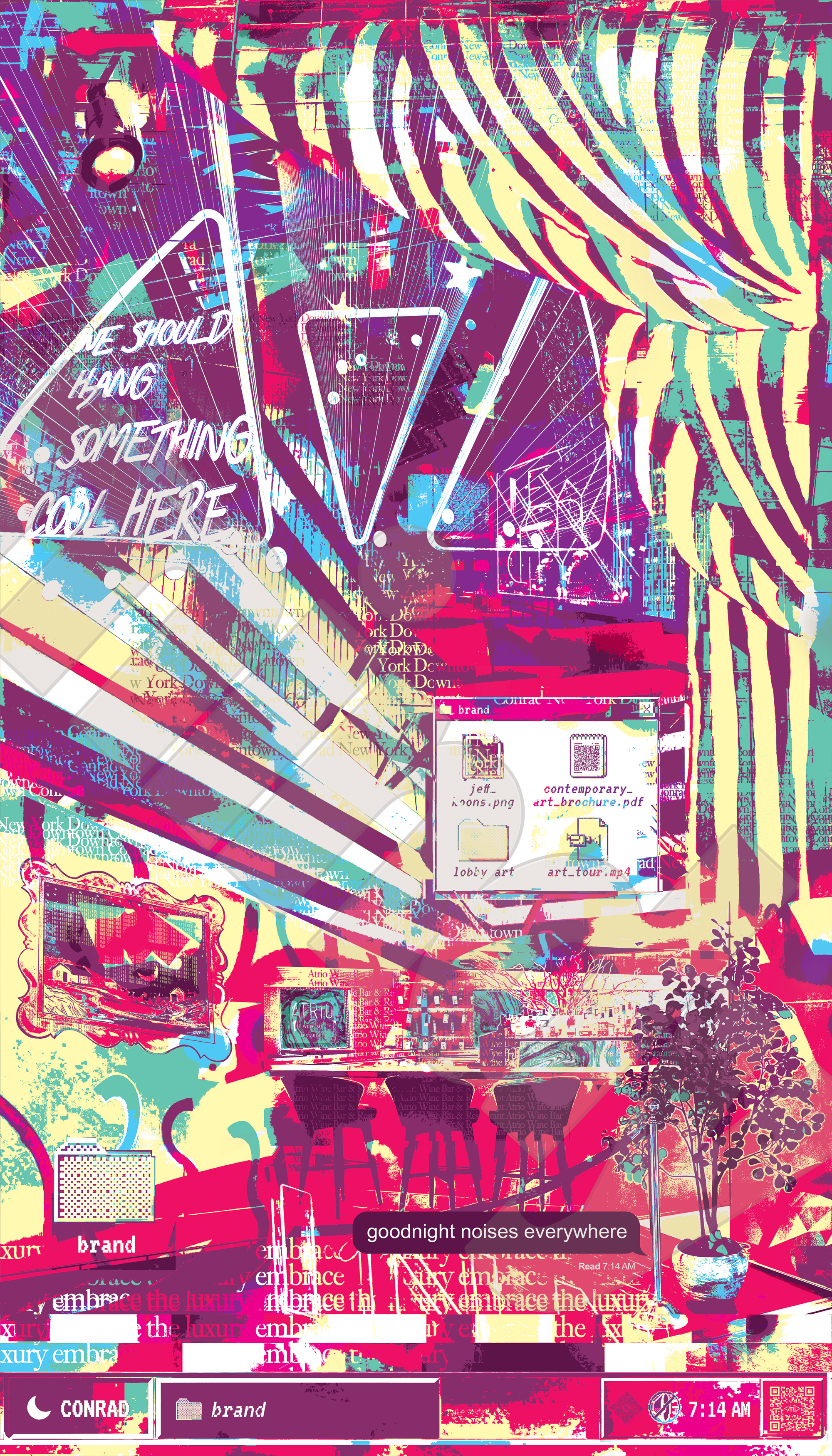 Meet Me At The Hotel Brand print - commissioned wall art panel 3 of 3 by New York City artist Mindy Lehmann at the Conrad New York Downtown Hotel lobby
