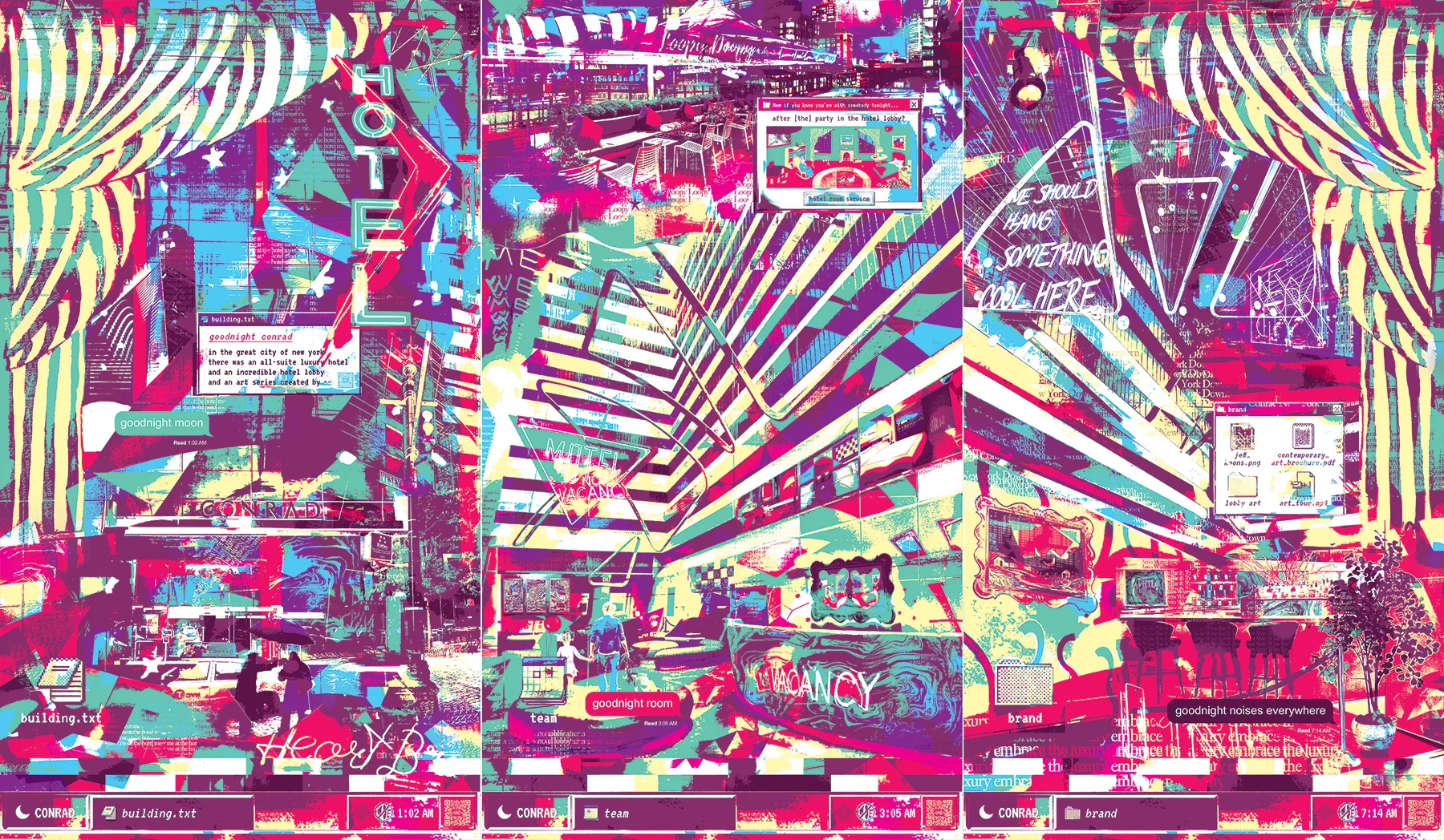 Meet Me At The Hotel large scale commissioned triptych wall art installation by New York City artist Mindy Lehmann – triptychs, 36x63 in each, permanently installed in the Conrad New York Downtown Hotel lobby February 2023.