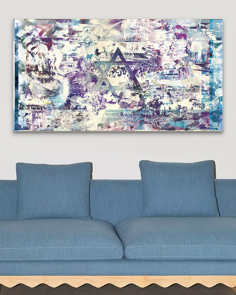 Israel Flag Judaica Metal Wall Art by New York City artist Mindy Lehmann – bold judaica piece featuring the Israel flag printed on durable metal, available up to 80x60 in, perfect for Jewish homes, offices, or patriotic decor.