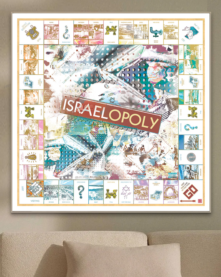 Israelopoly Judaica Metal Wall Art by New York City artist Mindy Lehmann – modern judaica piece featuring a playful Israel-themed Monopoly design printed on durable metal, available up to 48x48 in, perfect for Jewish homes or gifts.