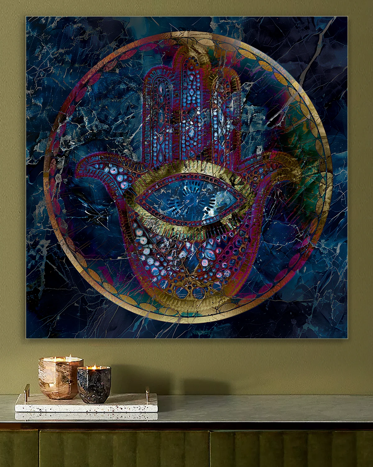 Hamsa Judaica metal wall art by NYC artist Mindy Lehmann – modern Hamsa symbol on metal, available 15–48 in