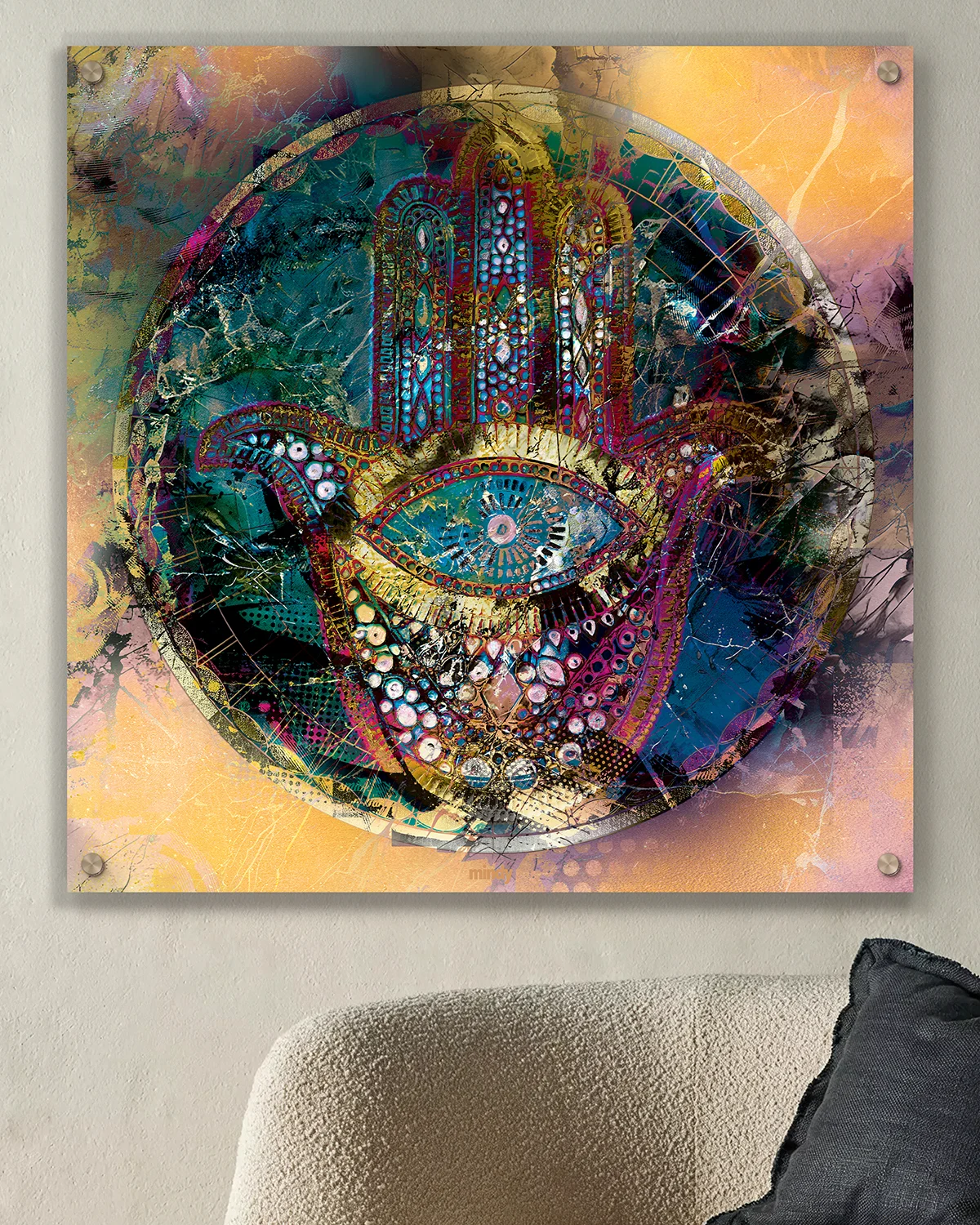 Hamsa Judaica metal wall art by NYC artist Mindy Lehmann – modern Hamsa symbol on metal, available 15–48 in