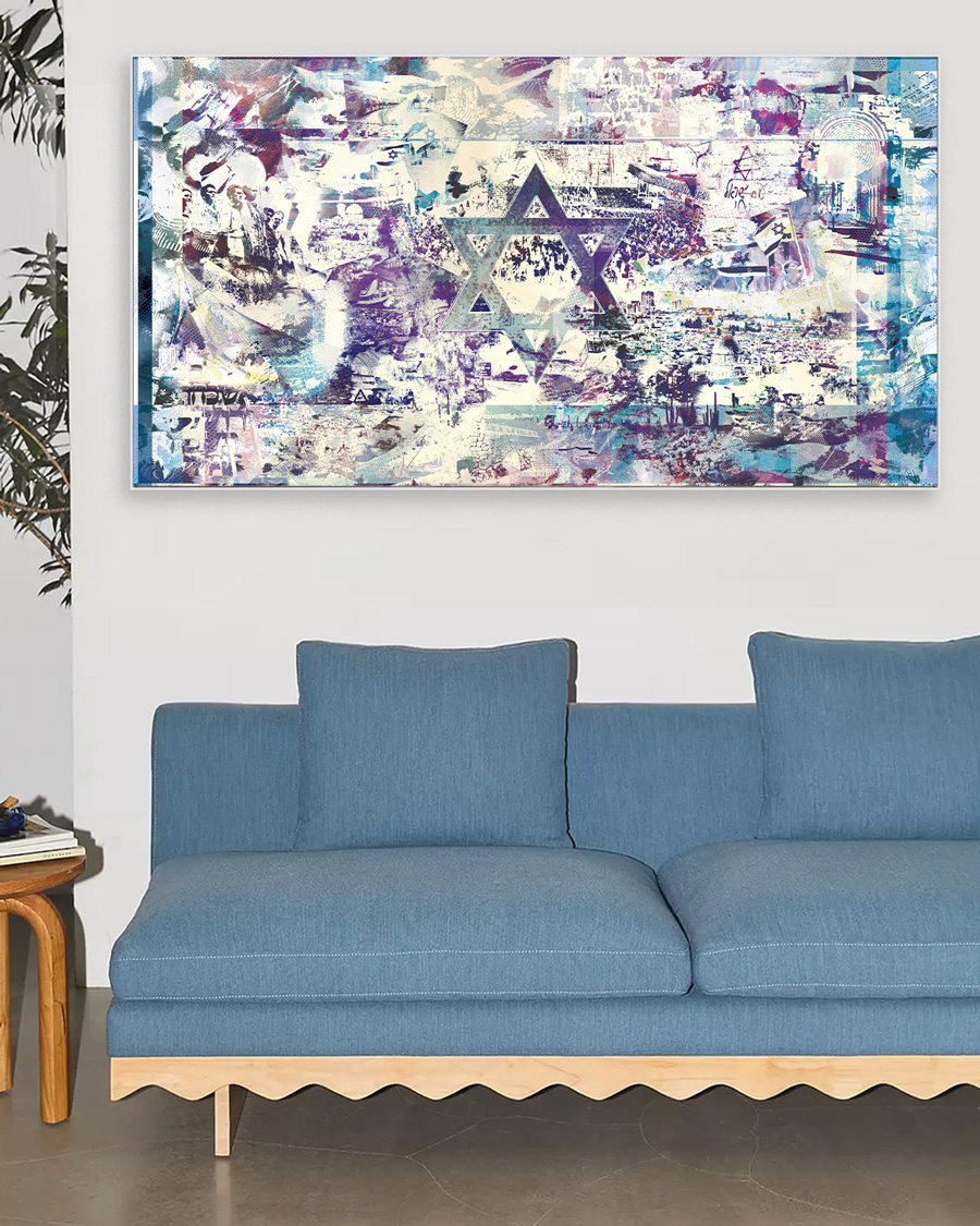 Israel Flag Judaica metal wall art by NYC artist Mindy Lehmann – bold Israel flag design on metal, available 36–80 in