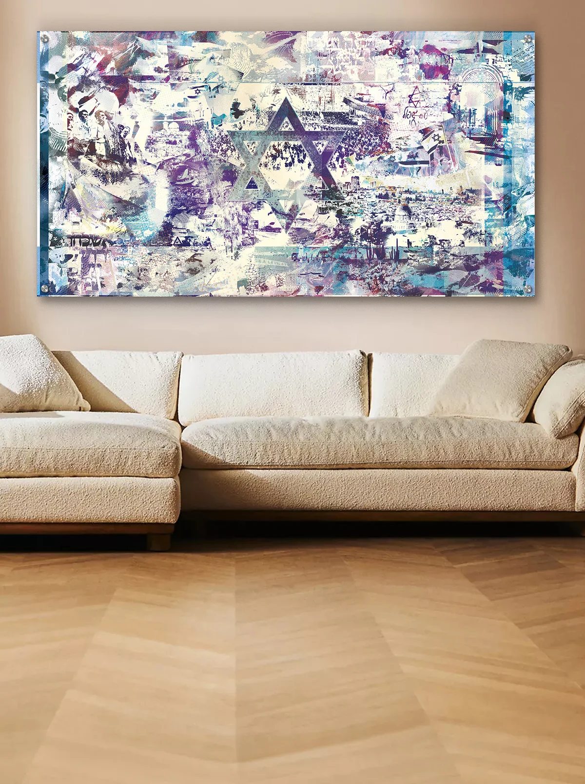 Israel Flag Judaica metal wall art by NYC artist Mindy Lehmann – bold Israel flag design on metal, available 36–80 in