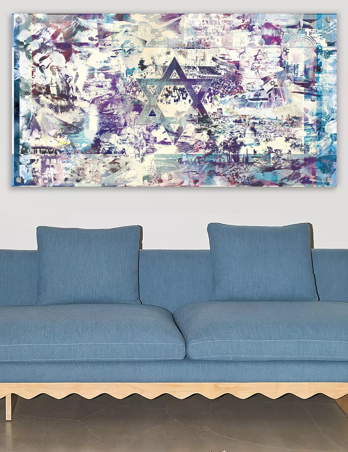 Israel Flag Judaica metal wall art by NYC artist Mindy Lehmann – bold Israel flag design on metal, available 36–80 in