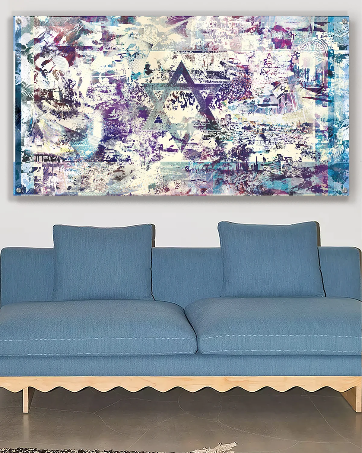 Israel Flag Judaica metal wall art by NYC artist Mindy Lehmann – bold Israel flag design on metal, available 36–80 in