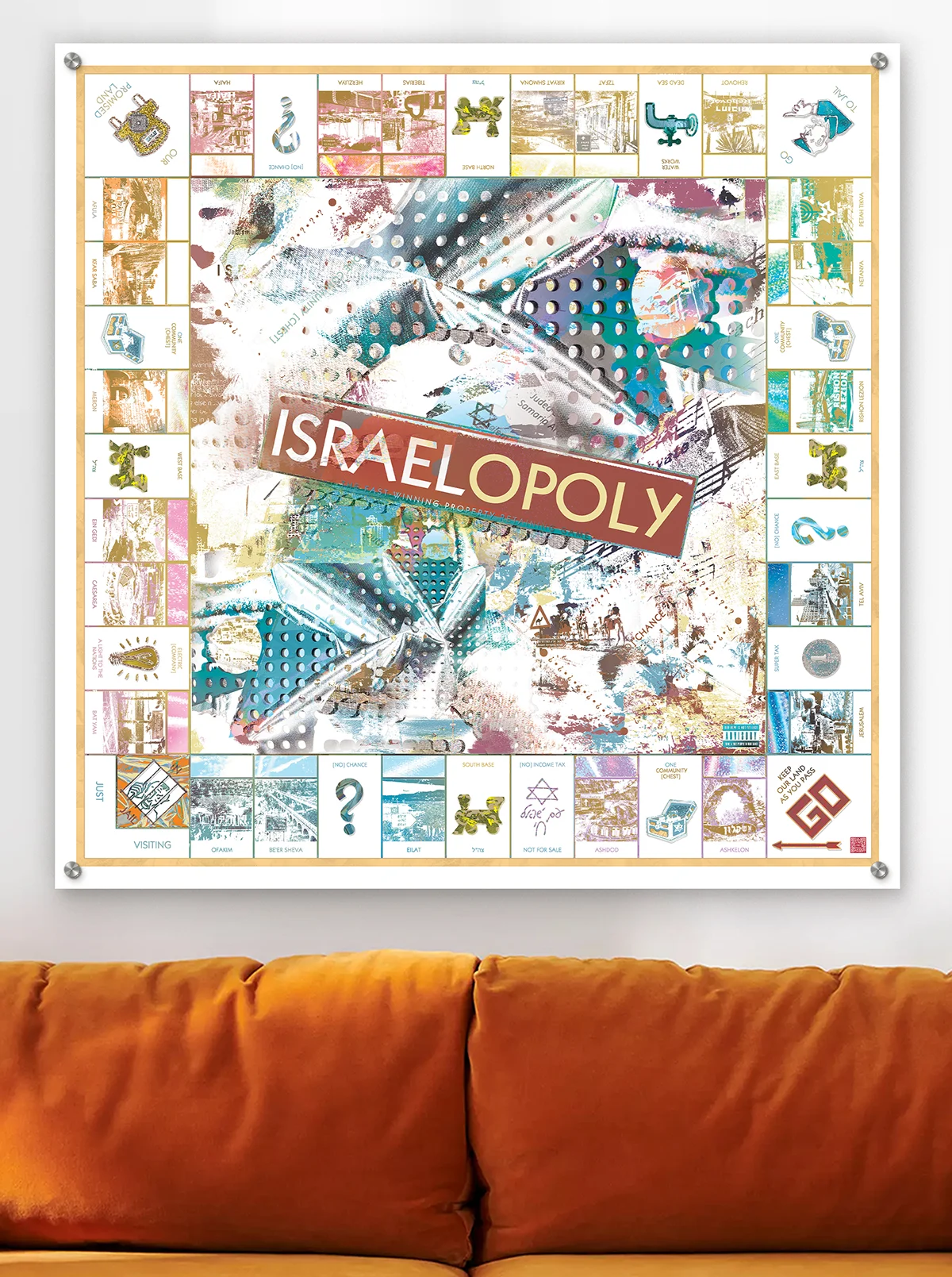 Israelopoly Judaica metal wall art by NYC artist Mindy Lehmann – Israel-themed Monopoly board design on metal, available 15–48 in