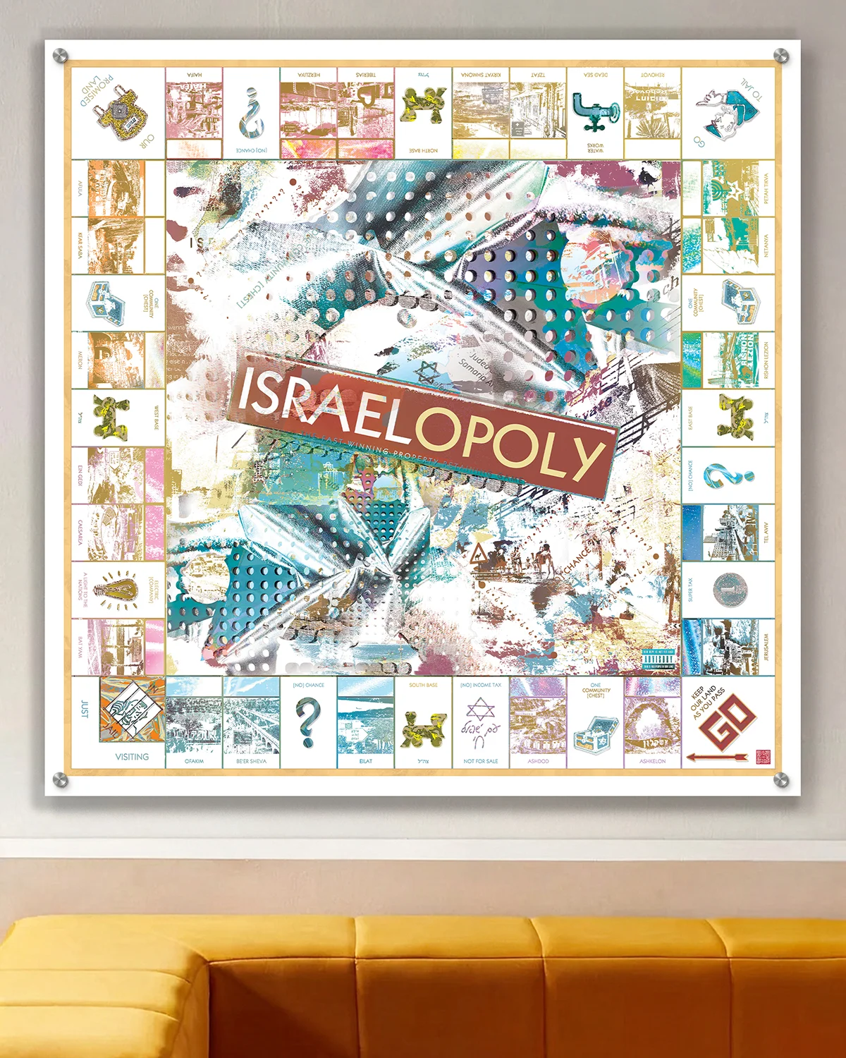 Israelopoly Judaica metal wall art by NYC artist Mindy Lehmann – Israel-themed Monopoly board design on metal, available 15–48 in