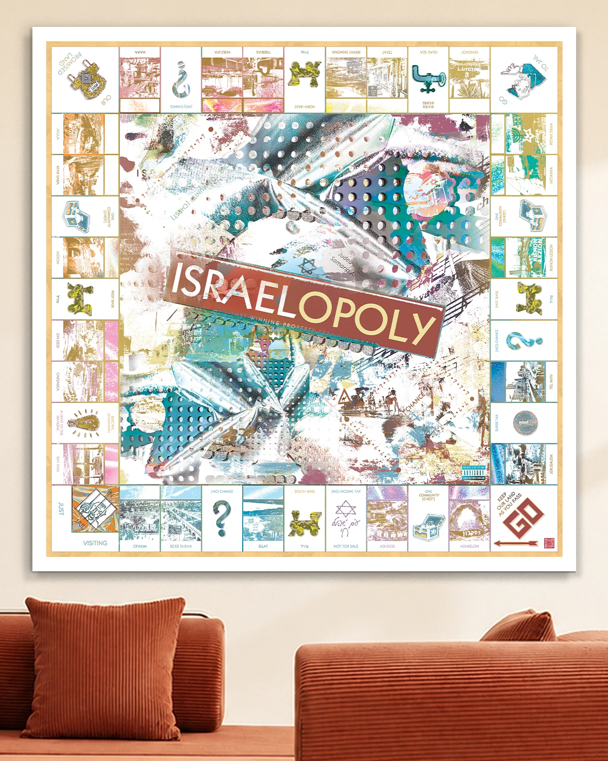 Israelopoly Judaica metal wall art by NYC artist Mindy Lehmann – Israel-themed Monopoly board design on metal, available 15–48 in