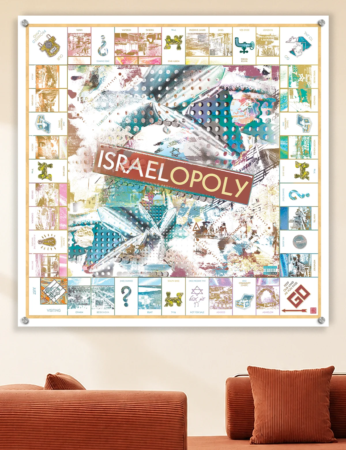 Israelopoly Judaica metal wall art by NYC artist Mindy Lehmann – Israel-themed Monopoly board design on metal, available 15–48 in