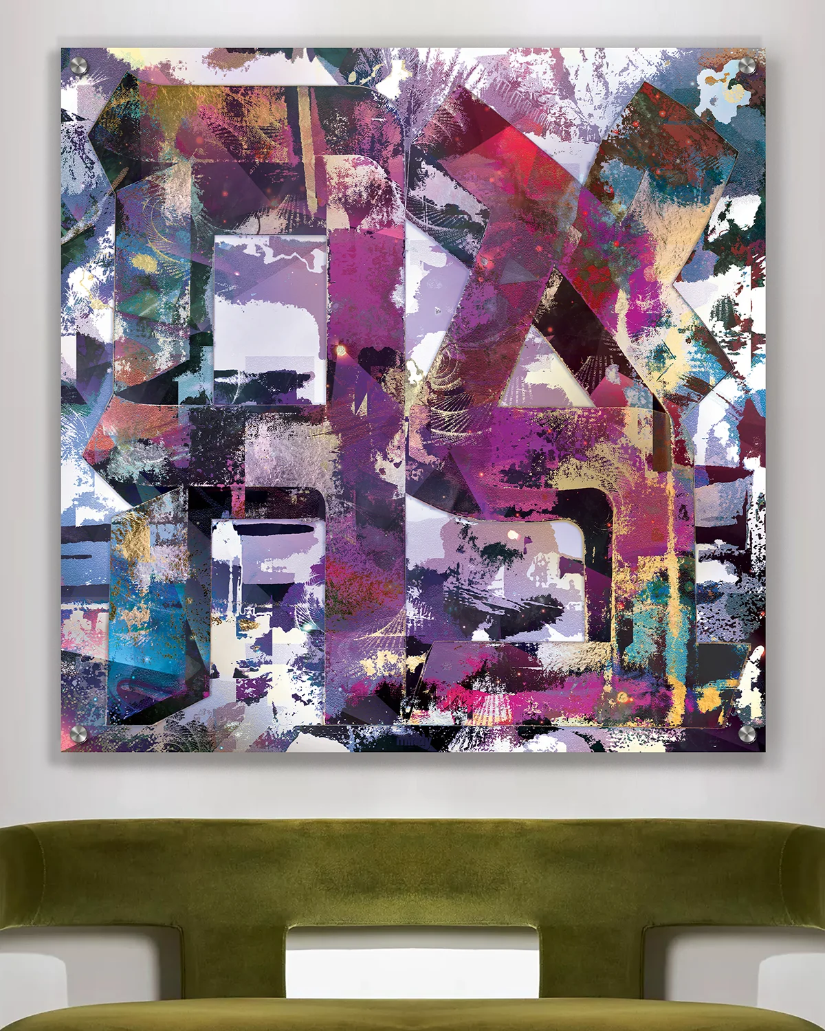 Bejeweled Ahava Judaica metal wall art by NYC artist Mindy Lehmann – Hebrew word for love in jewel tones on metal, available 15–40 in